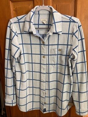 L.L. Bean Cream and Blue Windowpane Button-Down Shirt